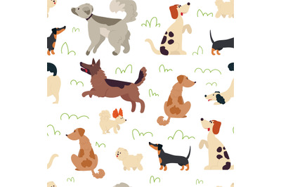 Cute dogs pattern. Animal seamless background, doodle trendy pets. Dra