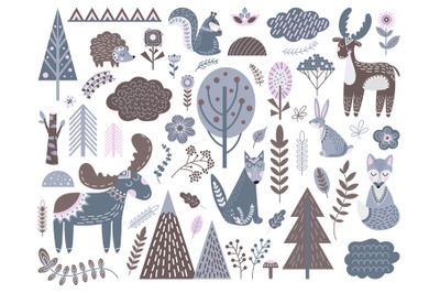 Scandinavian forest. Fashion nordic graphic, cute animals floral eleme