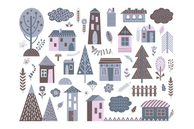 Cute scandinavian buildings. Abstract architecture, city landscape ele