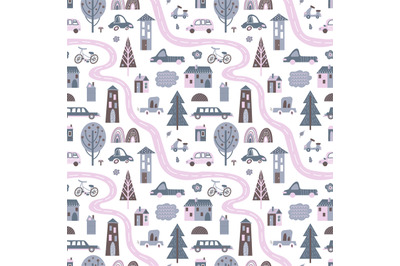 Scandinavian buildings pattern. Minimalist urban background, kids road