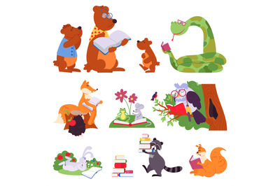 Animals reading. Bird animal read book, cute cartoon forest wild chara