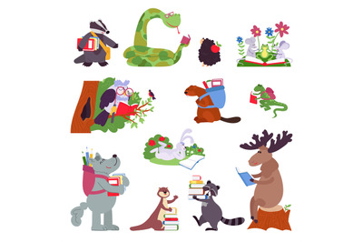 Smart animals. Wild animal with books&2C; funny forest characters read. I