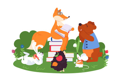 Animal friends reading. Fun animals school, bear fox rabbit read book.