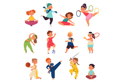 Different sport kids. Physical activity characters, small children doi