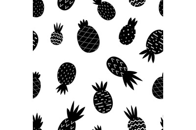 Black pineapple pattern. Exotic pineapples seamless texture. Doodle tr