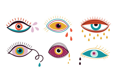 Crying eyes. Abstract eye, drops colorful falling down. Contemporary t