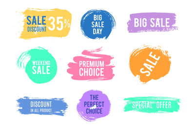 Grunge discount sale badges. Special offer banners, brush textured lab