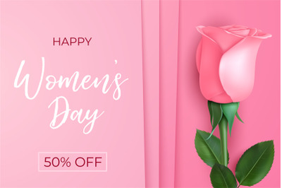 Women day poster. Sale banner&2C; pink rose 8 march background. Mother da