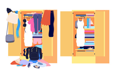 Wardrobe mess. Messy cloth, before after home clothes organization. Op