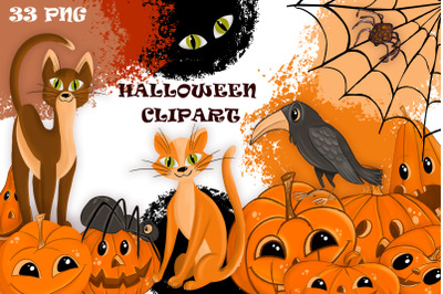 Halloween pumpkin head, cats, spiders and raven clipart