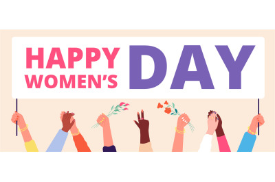 Women day concept. Woman flag&2C; girls hands holding festive banner. Fem