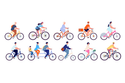 Cyclists characters. Fun active woman, cyclist ride bicycle outdoor. F