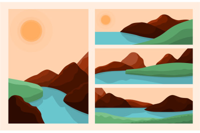 Trendy style landscapes. Art landscape, abstract mountain river graphi