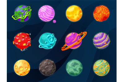 Cartoon fantasy planets. Space planet, slime or jelly satellites in un