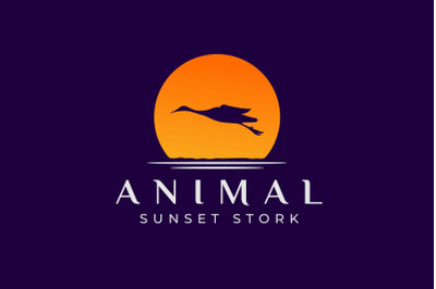 Flying Stork Heron Bird on River Lake Creek Sunset Logo Design