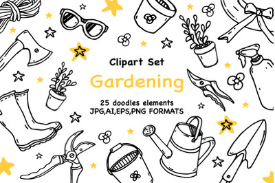 Gardening Doodle clipart set. Vector Garden tools elements.