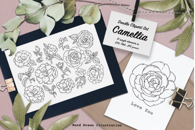 Camellia Doodle Clipart Set. Line art illustration.