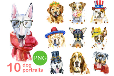 10 watercolor dog portraits. Set 17