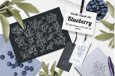 Blueberry Doodle Clipart Set. Line art illustration
