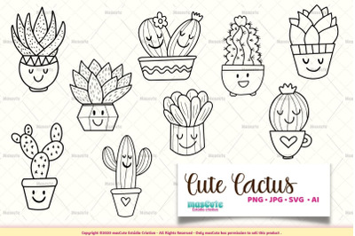Cute cactus coloring pages, svg bundle