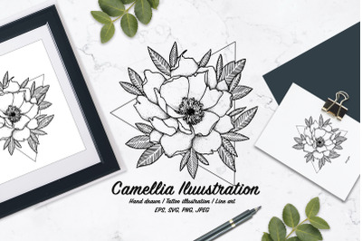 Camellia Illustration. Vector line art illustration. Tattoo sketch