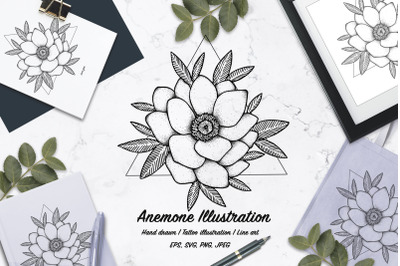 Anemone flower illustration. Vector line art. SVG EPS PNG