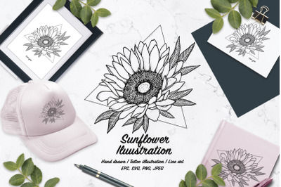 Sunflower vector illustration/ Tattoo/ Line art/ SVG, EPS