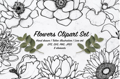 Flowers Clipart Set. Vector line art illustration.Tattoo.