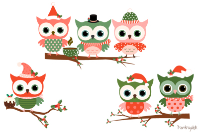 Christmas owls clipart set, Cute owl clip art, Winter holiday owls in red and green