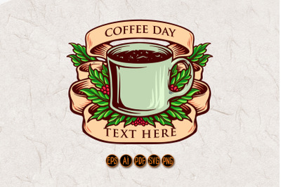 Coffee Day Glass with Banner Vintage Isolated