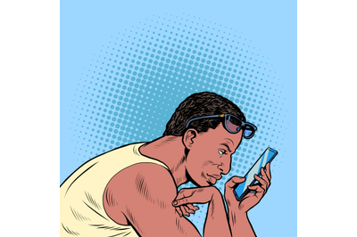 a black man surfs in the smartphone in the morning. Businessman daily