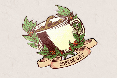 Coffee Day Vintage Badge with Glass and Ribbon