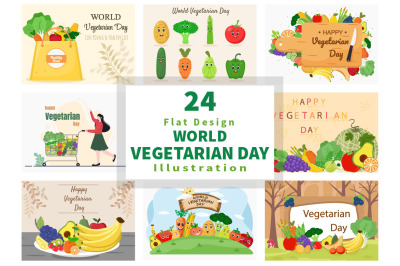 24 World Vegetarian Day and Vegetables or Fruits Vector Illustration