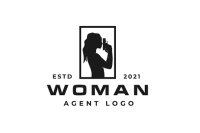 Silhouette Woman Holding a Weapon for Agent spy Logo Design