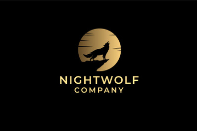 Howling Wolf with Golden Moon Illustration Logo Design