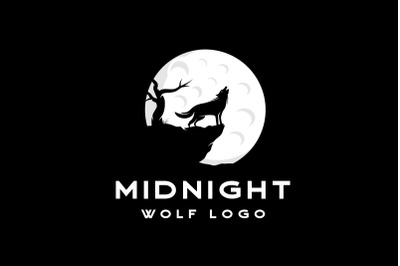 Howling Wolf silhouette with Moon Illustration Logo Design