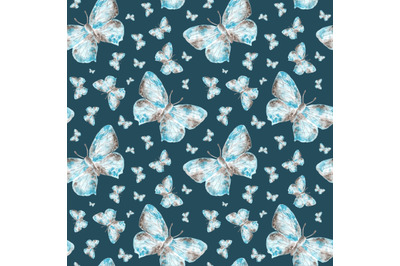 Blue butterflies watercolor seamless pattern. Insects.