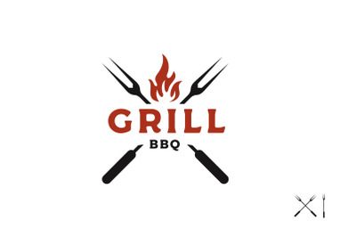 Vintage Grill with crossed fork and flame for Barbeque Logo Design