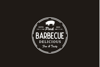 Vintage Retro Grill barbecue with pork Label Logo Design