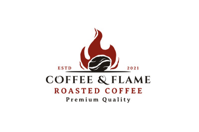 Vintage Coffee Bean Roasted with Fire flame Logo Design