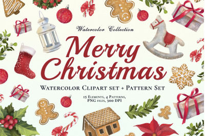 Merry Christmas watercolor clipart set, pattern set. PNG file