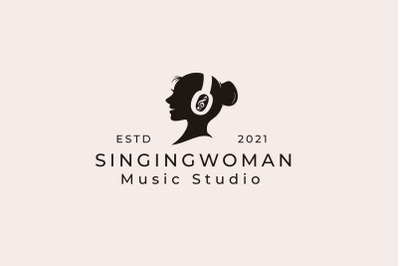 Singer Woman with headset and Music Notes Logo Design