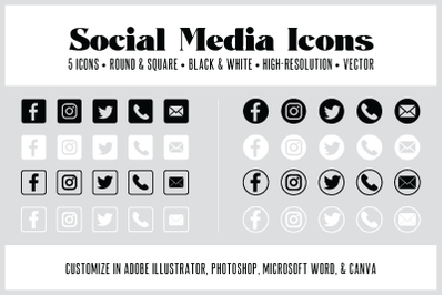 5 Customizable Social Media Icons | Round and Square | Vector
