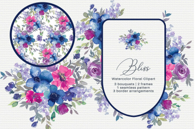 Blue Purple Watercolor Floral Clipart Set