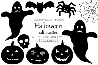 Halloween silhouettes. Halloween SVG. Spider. Pumpkin. Bat