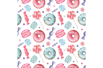 Donut watercolor seamless pattern. Sweets