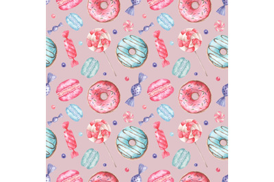 Sweets watercolor seamless pattern. Donut, macaroon, lollipops, candy