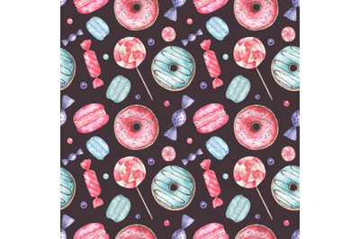 Dessert watercolor seamless pattern. Donut, macaroon, lollipops, candy