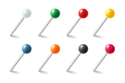 Pins. Realistic colored pointers. 3D thumbtacks set for attaching note