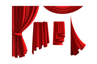 Red curtains. Realistic velvet drapery element. 3D classic scarlet tex